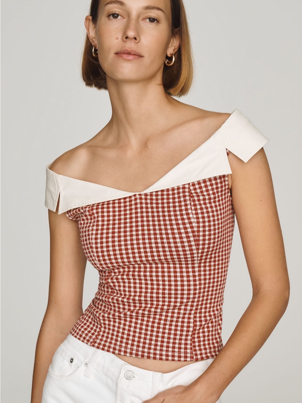 Maeve Red Gingham Off-Shoulder Top with White Collar